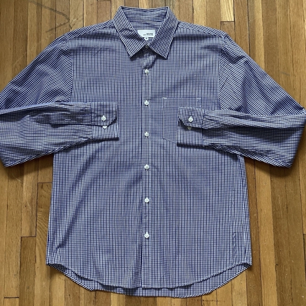 Jack Spade Men's Medium Blue/White Mini Checkered Button Front Shirt,100% Cotton